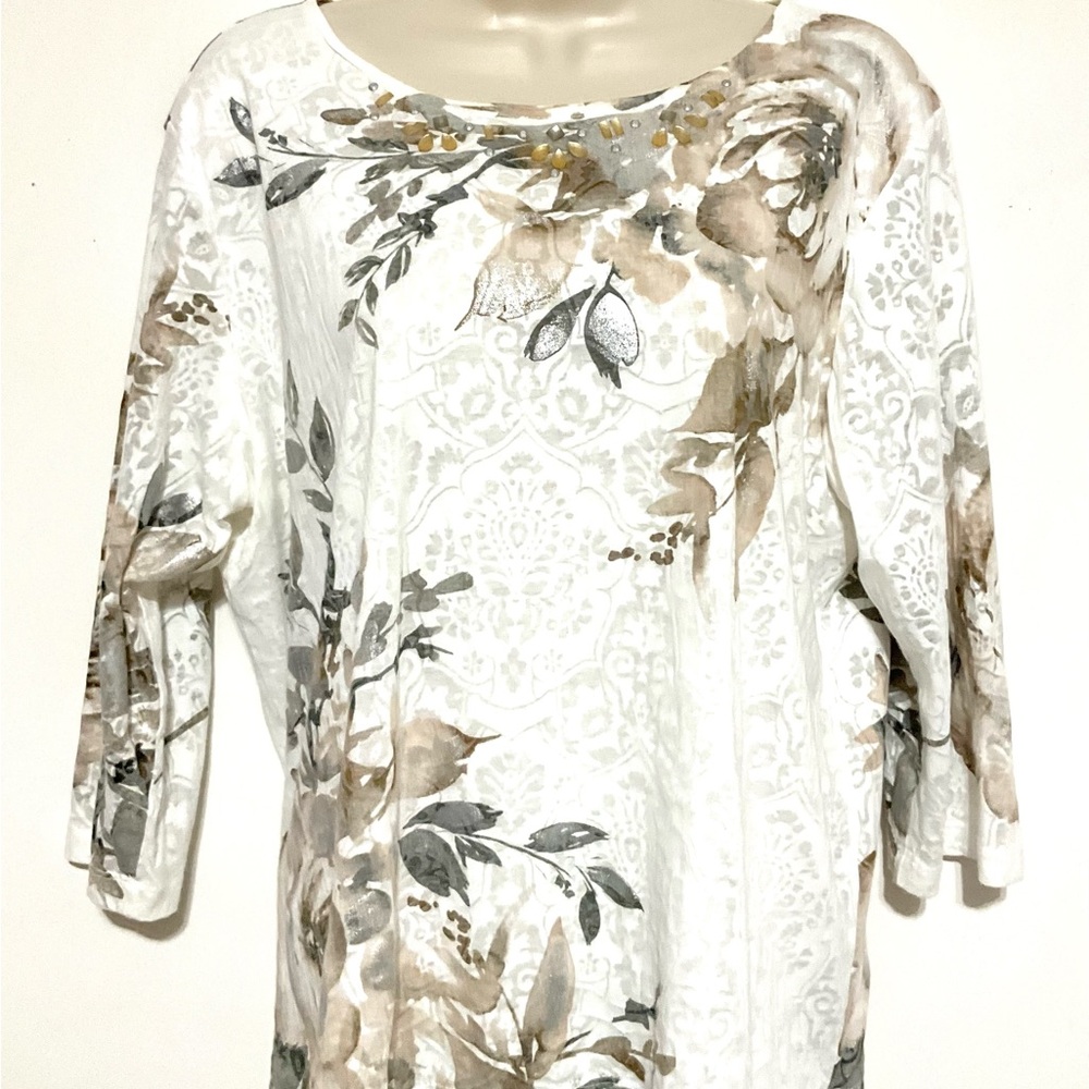 Alfred Dunner Cream Floral Boatneck Long-Sleeve Top